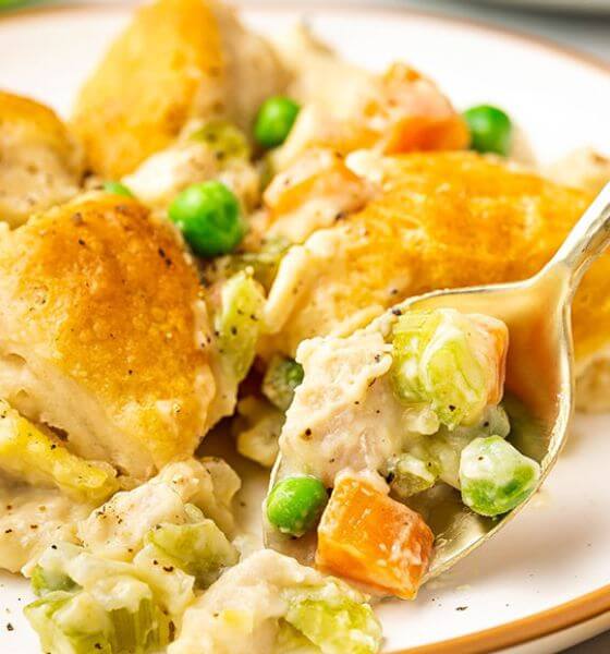 Chicken pot pie casserole on white and brown plate with spoon