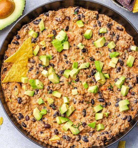 Chili cheese dip in black dish