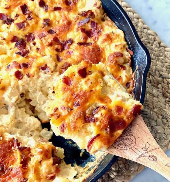 Hash brown casserole in black skillet