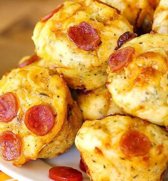 Pepperoni pizza bites on white plate