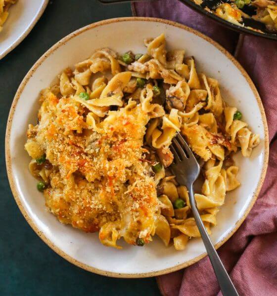Tuna noodle casserole on white plate