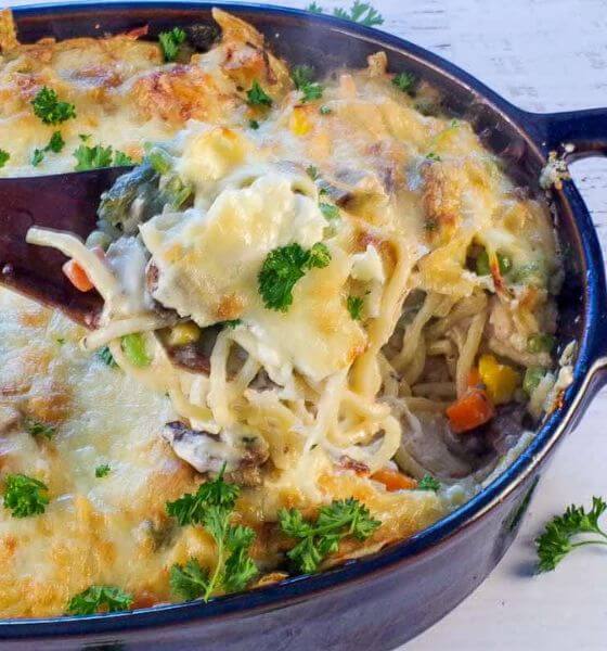 Turkey casserole in blue pot