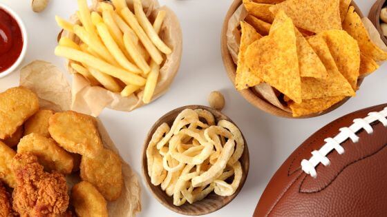 Football, french fries, nachos, chicken wings