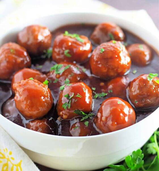 Honey garlic meatballs in white bowl
