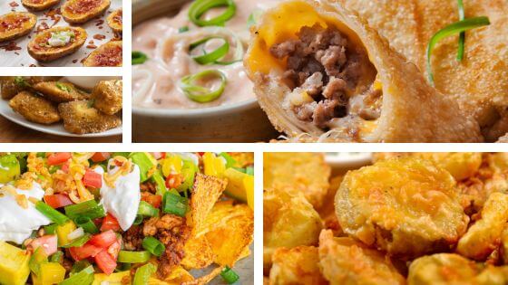 Game day snacks like egg rolls, nachos, fried pickles, loaded potato skins and fried ravioli