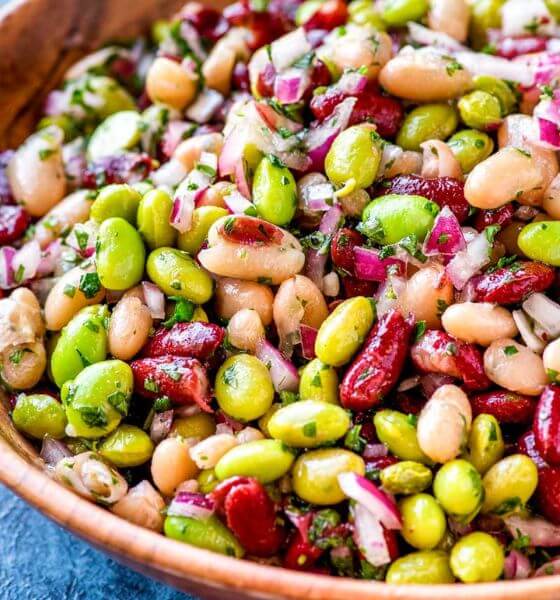 3 bean salad in brown bowl