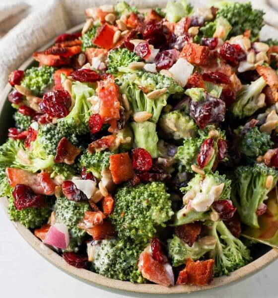 Broccoli salad for spring in brown bowl