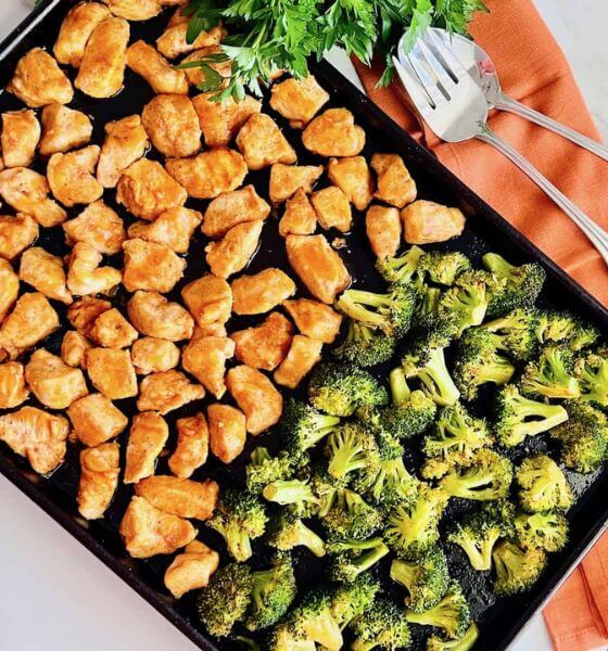 Buffalo Chicken and Broccoli on a Baking sheet pan