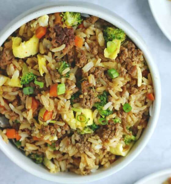 Egg fried rice with ground beef in white bowl