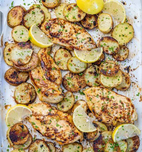 Lemon, chicken and potatoes on a sheet pan
