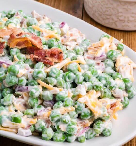 Pea salad with cheese and bacon