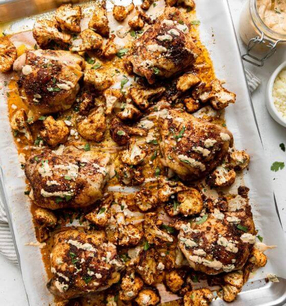 Chicken street tacos on a baking sheet