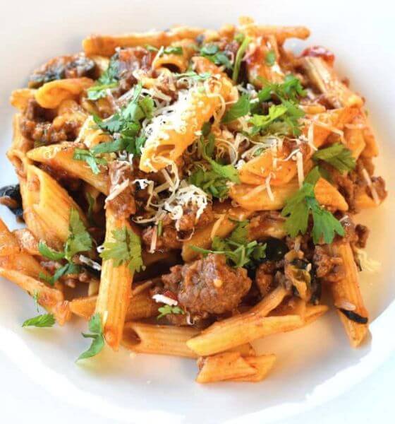 Taco pasta in white dish