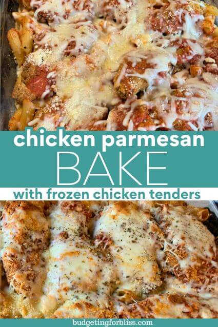 Chicken parmesan bake in glass dish made with frozen chicken tenders