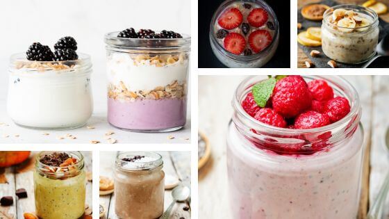 banana overnight oats, strawberry and blueberry overnight oats, pumpkin and chocolate overnight oats