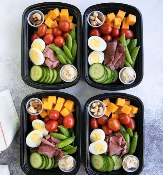 Protein meal prep for lunch with vegetables and cheese