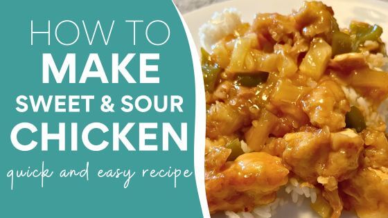 Sweet and sour chicken over rice with text