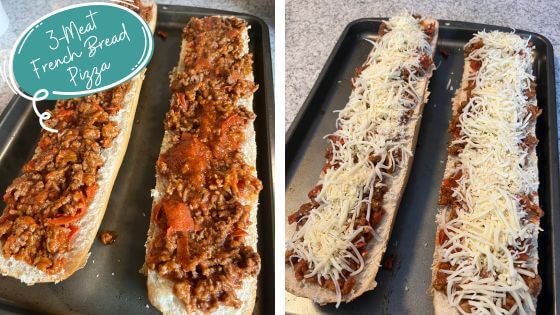 Preparing 3 meat French Bread Pizza
