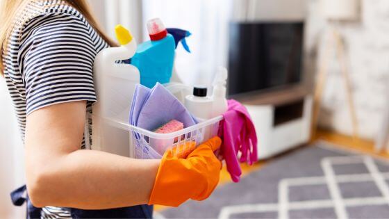 A woman holding a cleaning caddy