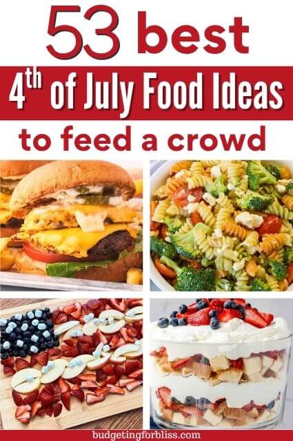 A collection of appetizers, side dishes, meats, and desserts for 4th of July