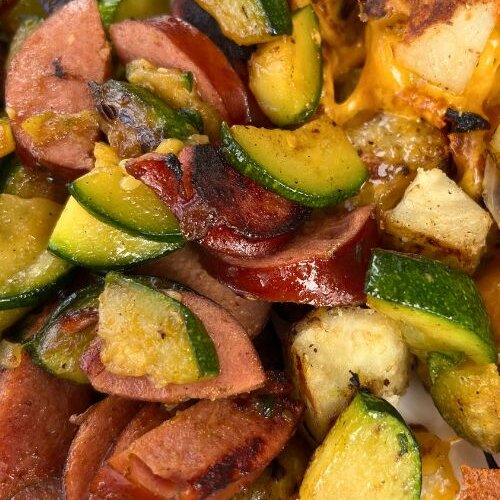 Kielbasa and zucchini cooked on Blackstone