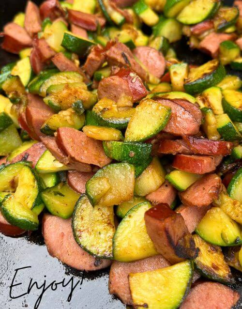 Zucchini and kielbasa cooked on the Blackstone