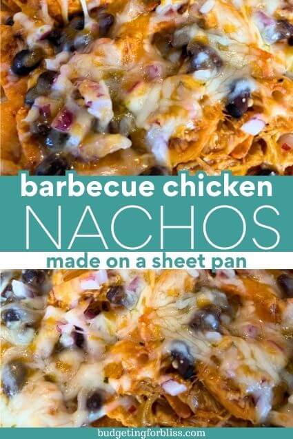barbecue chicken nachos and cheese on a sheet pan