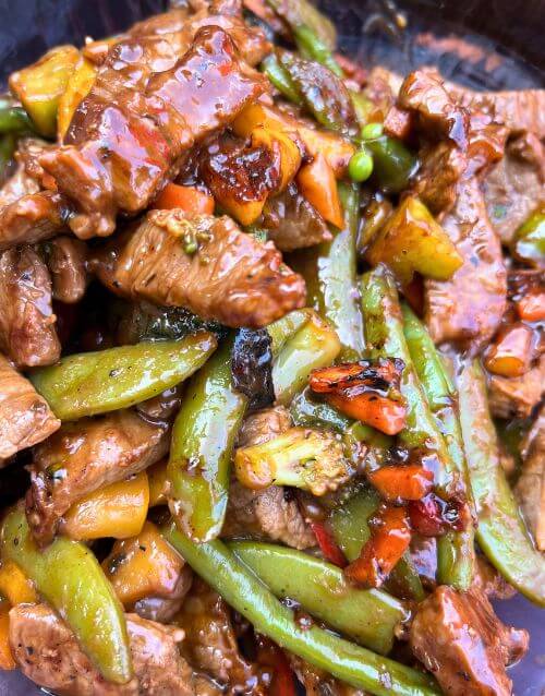 Beef and Stir fry vegetables on Blackstone griddle