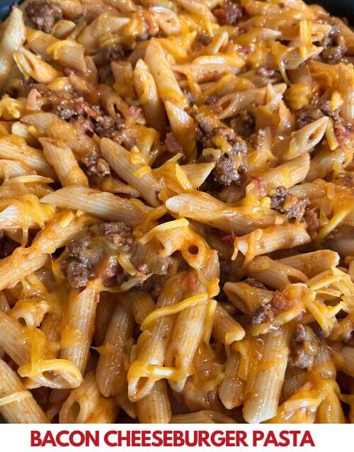 Cheeseburger pasta with writing on bottom
