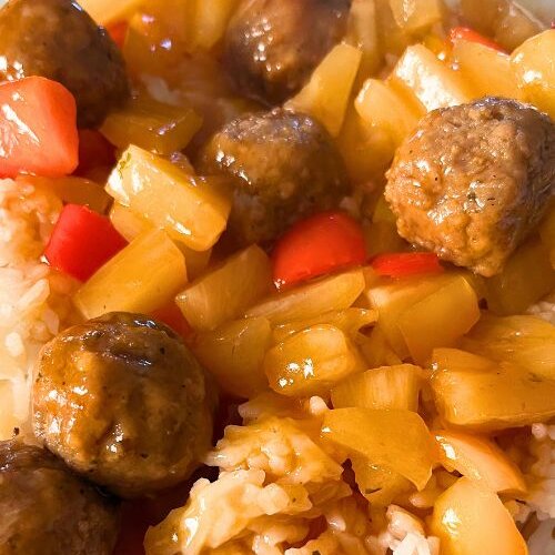 Shortcut Sweet and Sour Meatballs with Frozen Meatballs over Rice