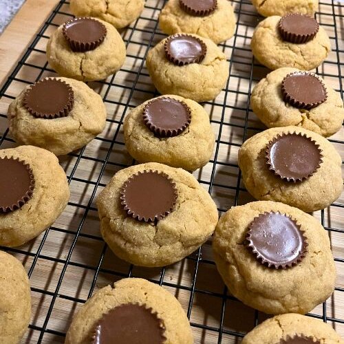 Peanut Butter cup cookies on wire grate