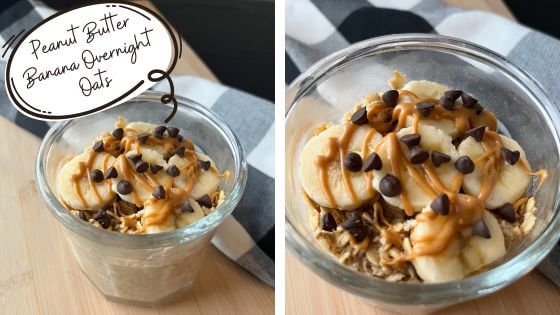 overnight oats in glass jar 2 pictures one far away and one close up