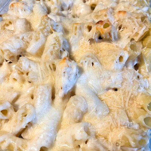 rotisserie chicken alfredo bake in dish