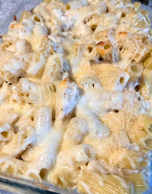 rotisserie chicken alfredo bake in dish