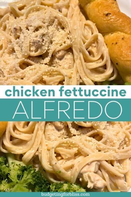 Chicken Fettuccine with blue and white font