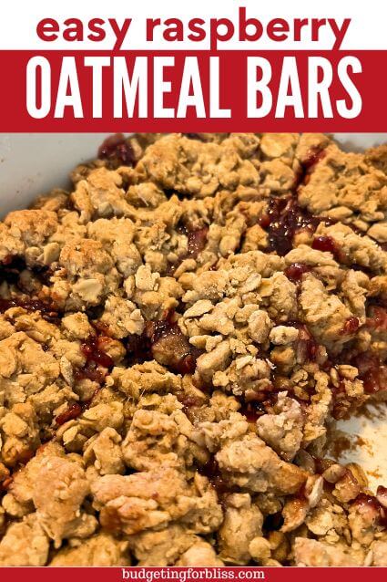 raspberry oatmeal bars in white baking dish