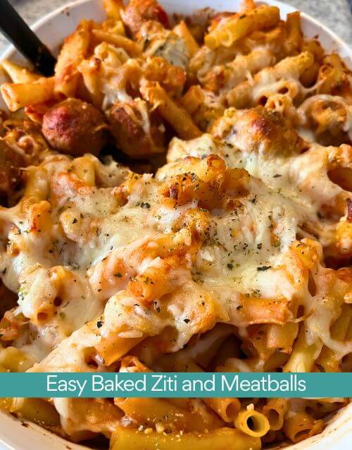 Picture of baked ziti with meatballs in white casserole dish
