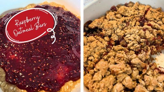 2 pictures of raspberry preserves on crust, and with crumb topping