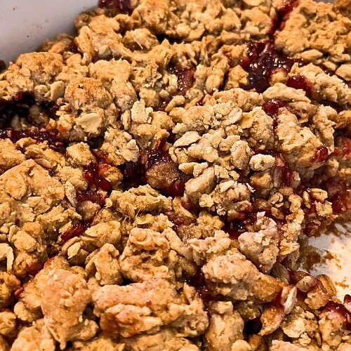 raspberry oatmeal bars in baking dish