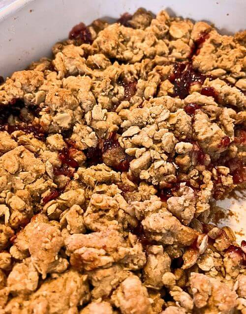 raspberry oatmeal bars in baking dish