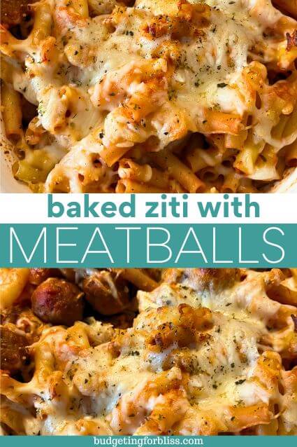Baked ziti with frozen meatballs in glass dish with text
