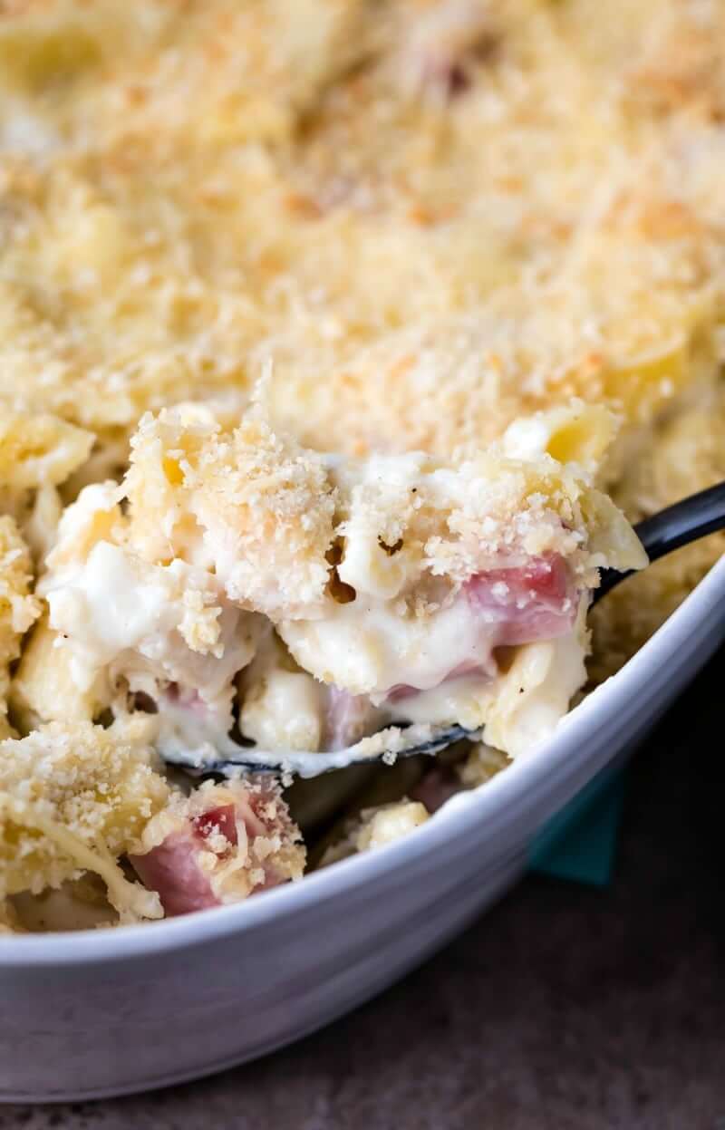 Chicken cordon bleu in casserole dish