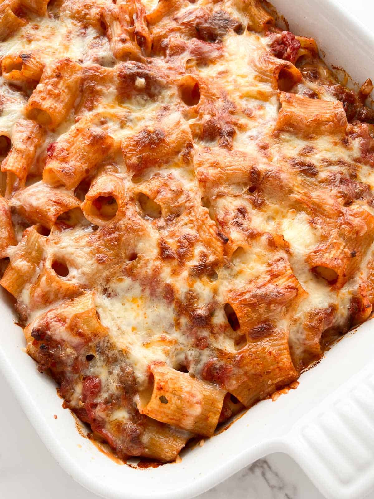 Pasta in a white casserole dish