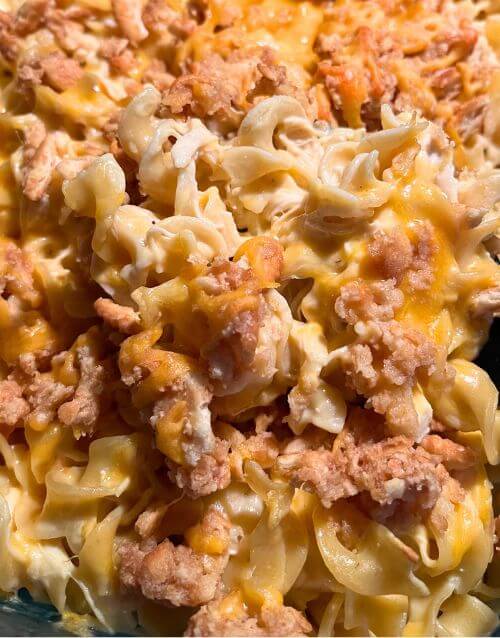 Cheese Ritz Crackers, Rotisserie Chicken and Noodles in Casserole dish