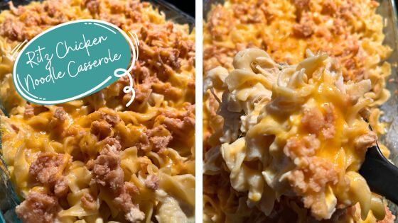 two pictures of cheesy ritz chicken noodle casserole