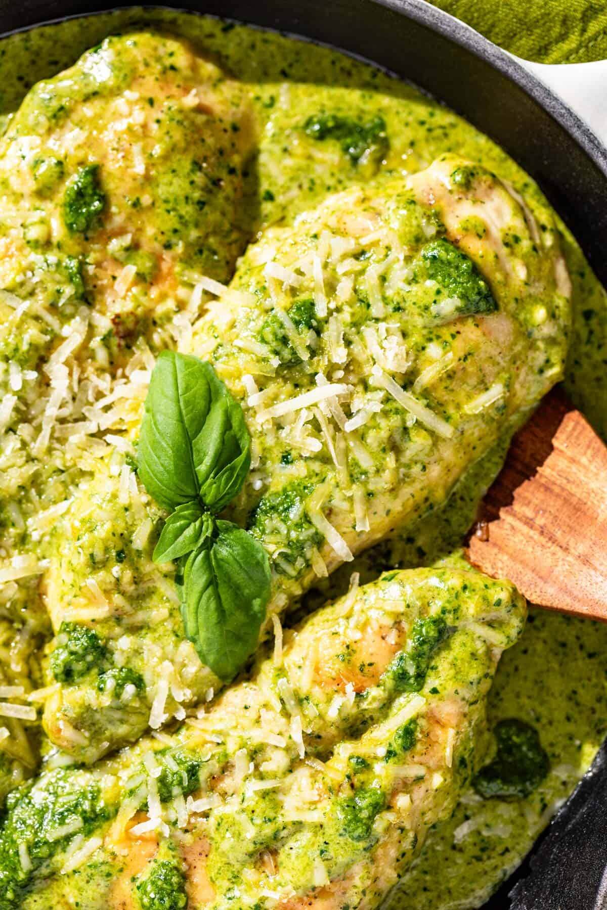 Pesto Chicken in skillet