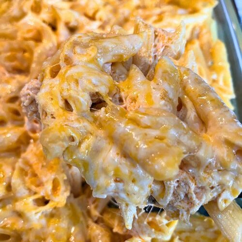 Buffalo Chicken Pasta in glass baking dish