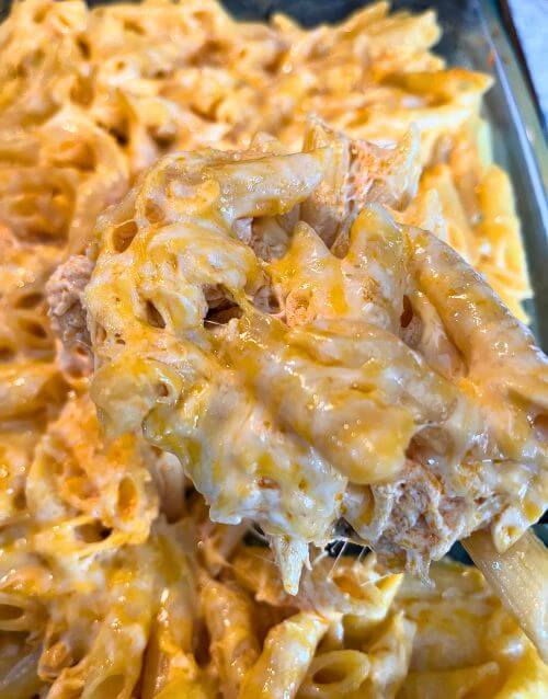 Buffalo Chicken Pasta in glass baking dish