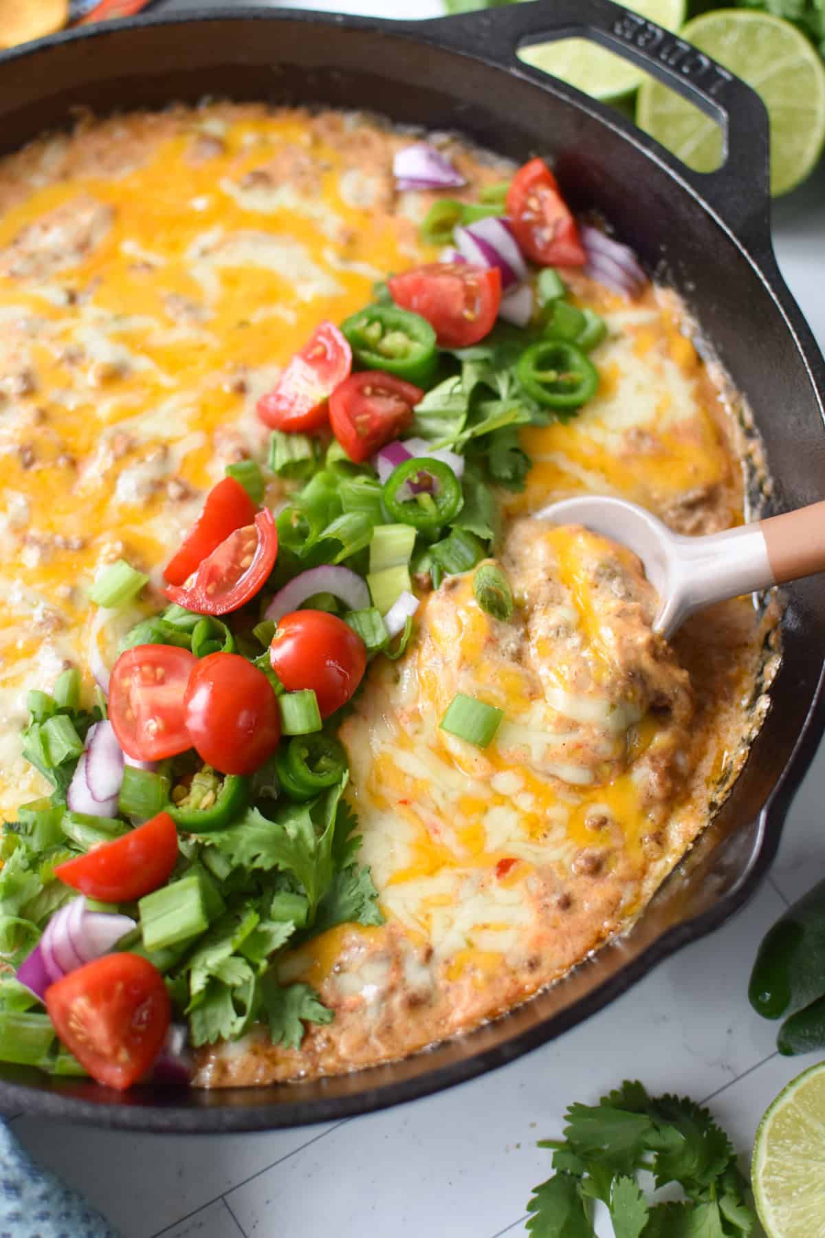 cottage cheese queso dip in skillet