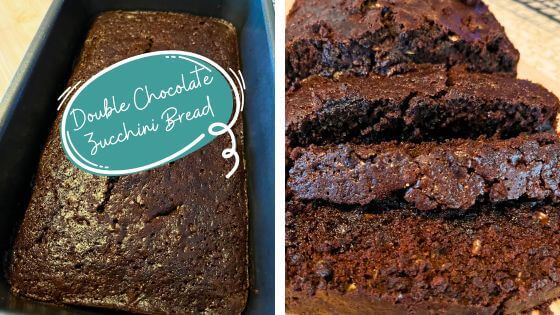two pictures with a loaf of chocolate zucchini bread and another sliced
